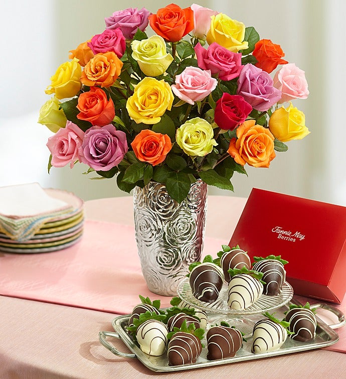 Assorted Roses with Chocolate Covered Strawberries