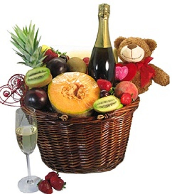 Fruit Basket With Sparkling Wine & Teddy Bear