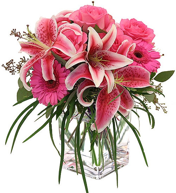 Pink Lilies and Roses Cube Arrangement