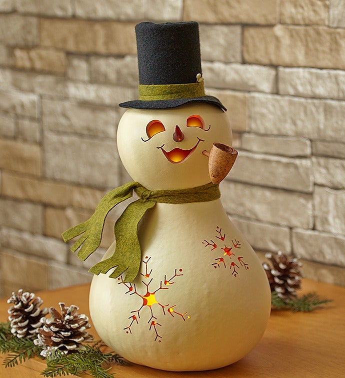 Artisan Christmas Snowman Lighted Gourd