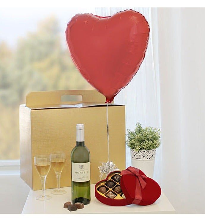 Heart Balloon with White Wine & Heart Chocolates