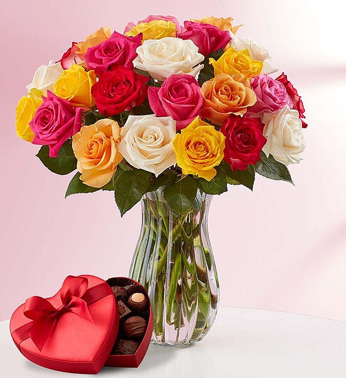 24 Assorted Roses + Free Vase & Free Chocolate