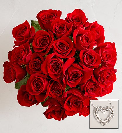 Romantic Red Roses with Heart Necklace