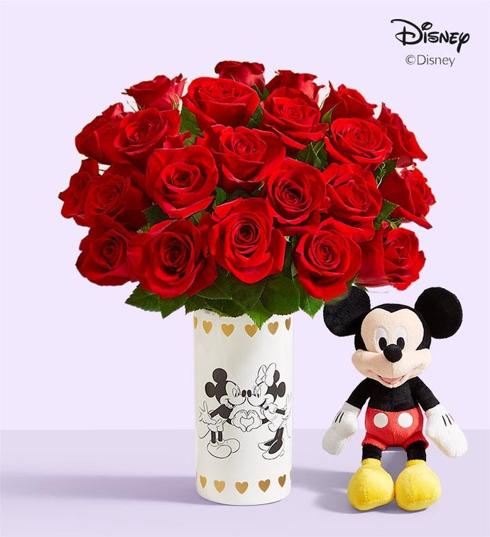 Disney Mickey Mouse & Minnie Mouse in Love Vase with Red Roses, 24 Stems