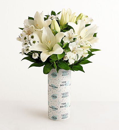 White Lily Bouquet with The Adventure Begins Vase