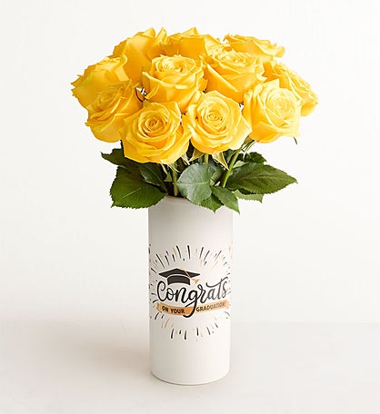 Yellow Roses with Con-grad-ulations Vase