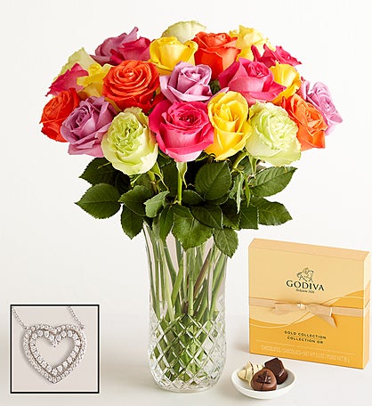 Two Dozen Assorted Roses with Luxury Posh™ Vase