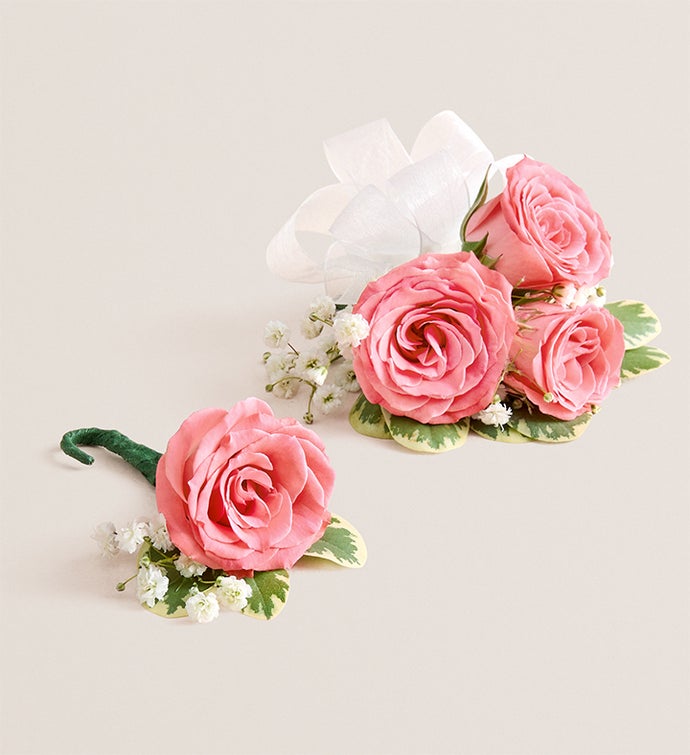 Pink Spray Rose Corsage and Boutonniere