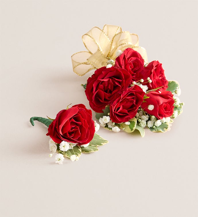 Red Spray Rose Corsage & Boutonniere