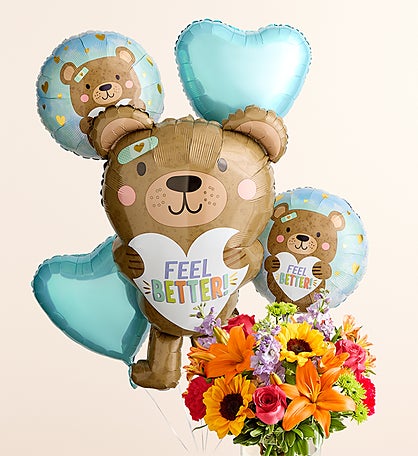 Floral Embrace™ with Feel Better Bear Balloon Arrangement