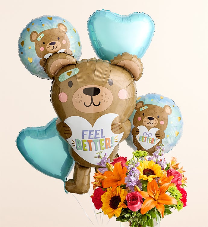 Floral Embrace™ with Feel Better Bear Balloon Arrangement