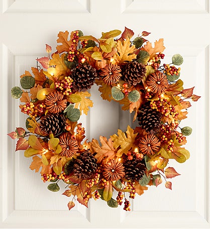 Maple Pumpkin Wreath with Lights- 24"