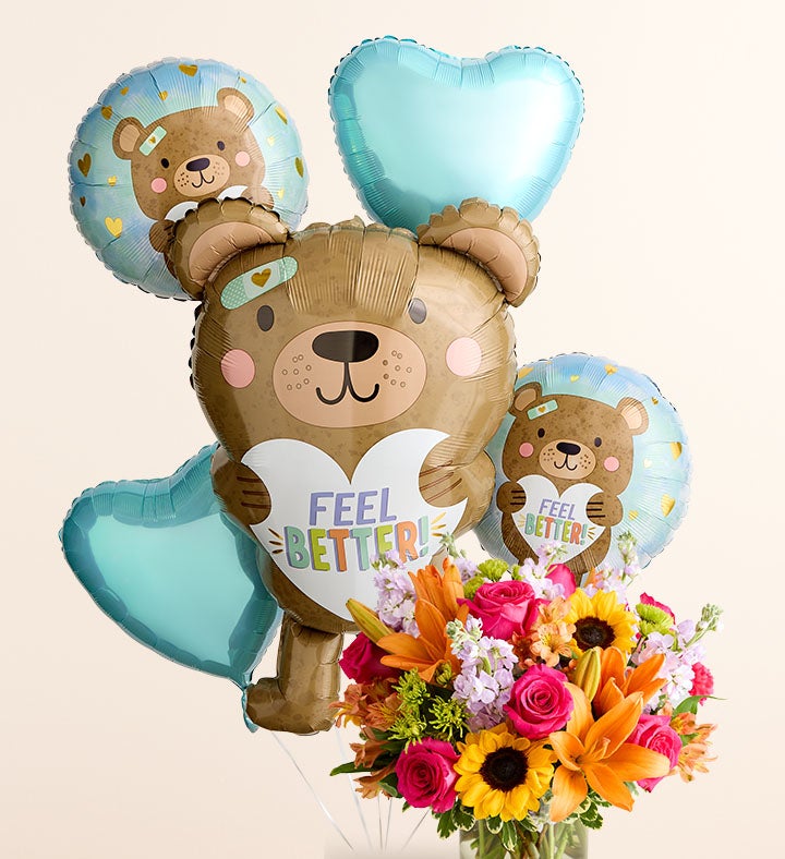Floral Embrace™ with Feel Better Bear Balloon Arrangement