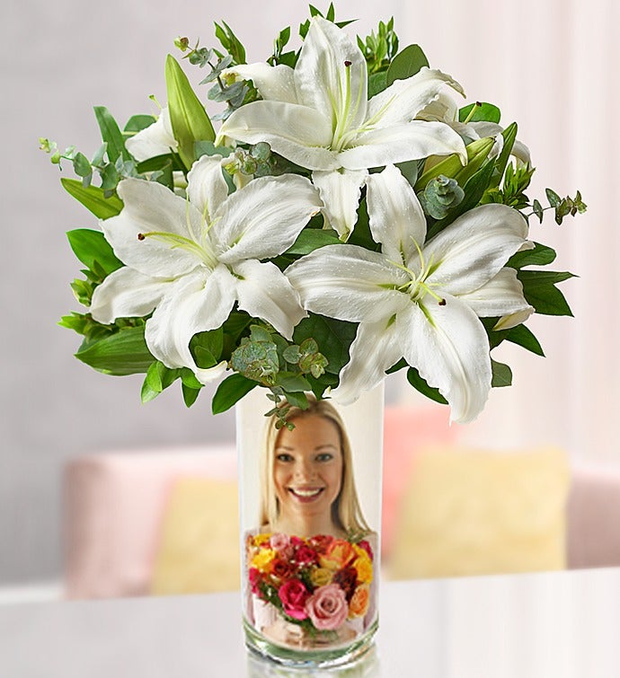 Personalized Vase with White Lilies