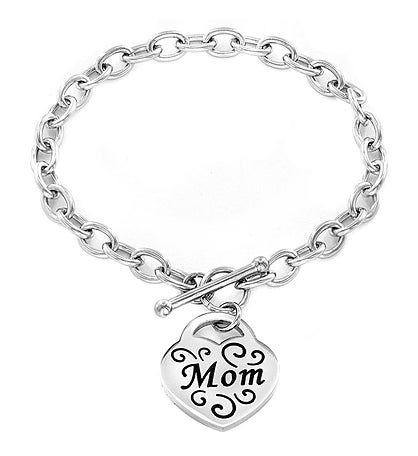Elya Women's Engraved Heart Charm Toggle Clasp Stainless Steel Bracelet
