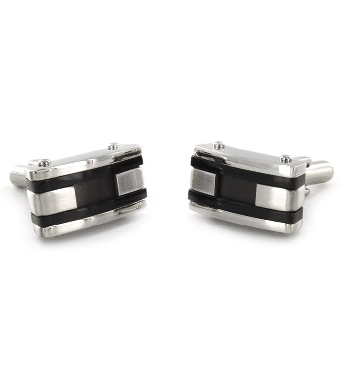 Men’s Stainless Steel Black Inlay And Black Racing Striped Cuff Links