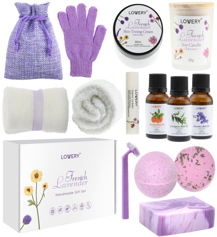 Handmade Bath Gift   18pc French Lavender Spa Gift Basket For Women & Men