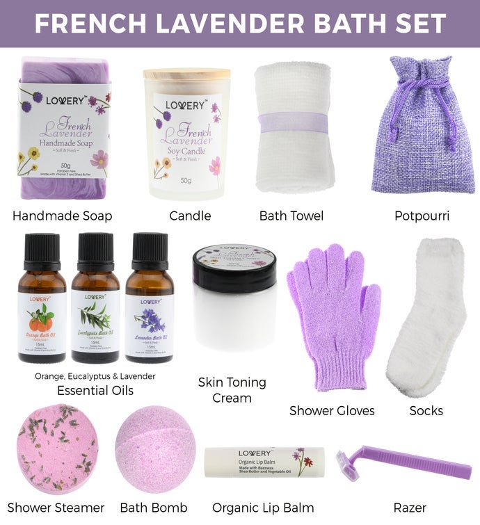 Handmade Bath Gift   18pc French Lavender Spa Gift Basket For Women & Men