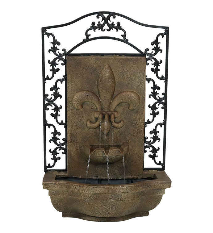 French Lily Solar With Battery Wall Fountain 33" Florentine Stone