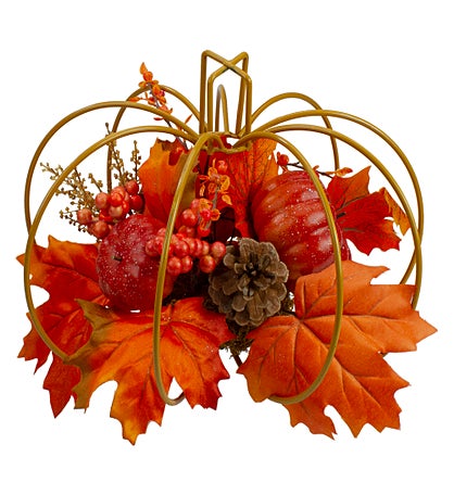 12" Autumn Harvest Maple Leaf And Berry Pumpkin Tabletop Centerpiece