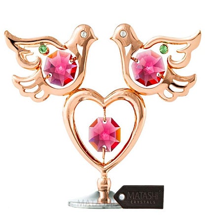 Rose Gold Plated Love Doves And Heart Table Ornament With Matashi Crystals