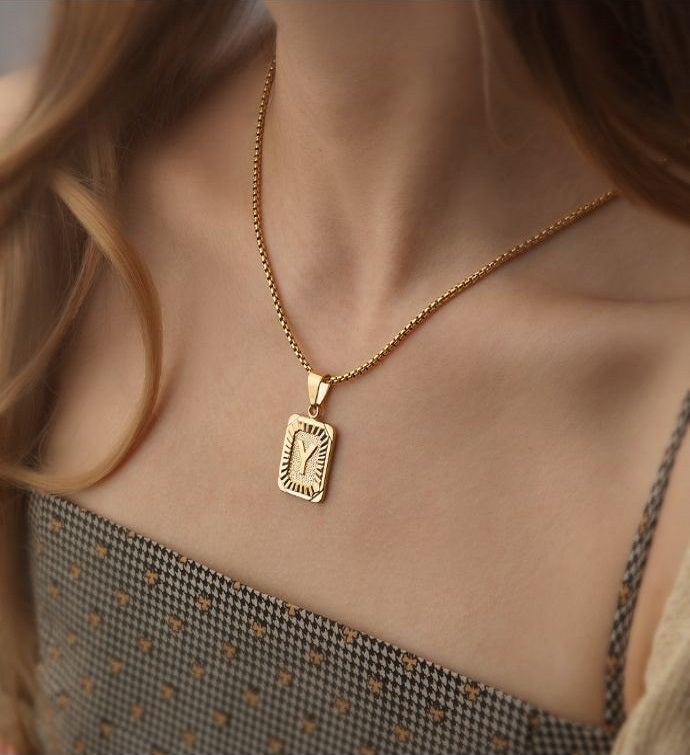 Women's Rectangle Letter Initial Pendant Necklace Jewelry