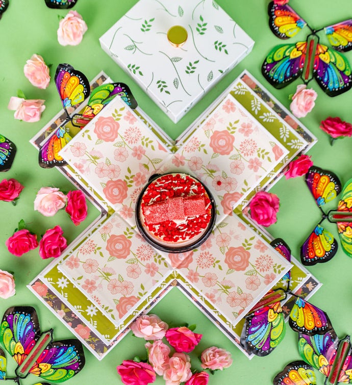 Blossom Box Gift With Butterfly Surprise and Strawberry Cake