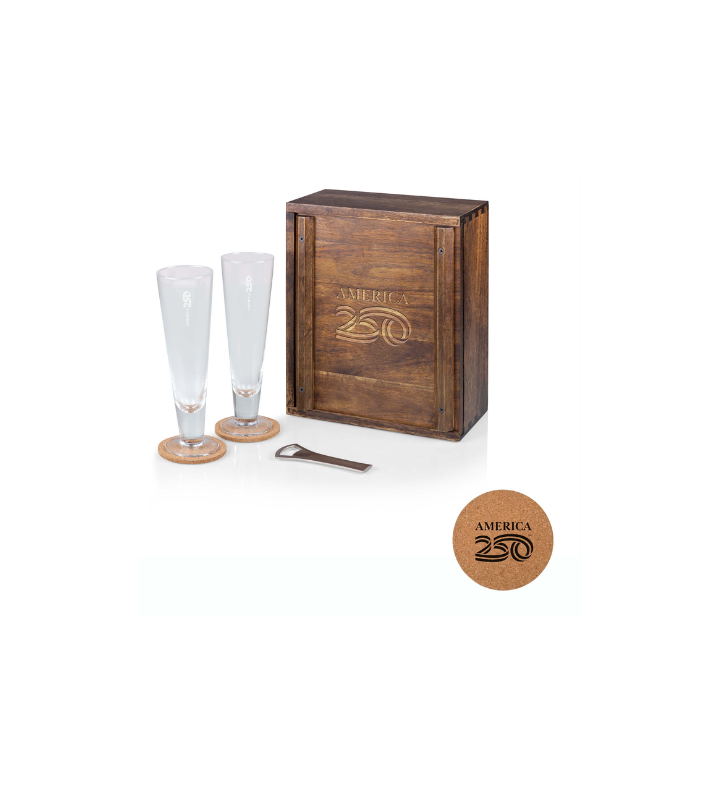 America250 Pilsner Beer Glass Gift Set, acacia Wood