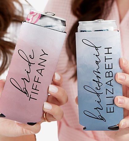 Watercolor Bridesmaid Personalized Wedding Slim Can Cooler