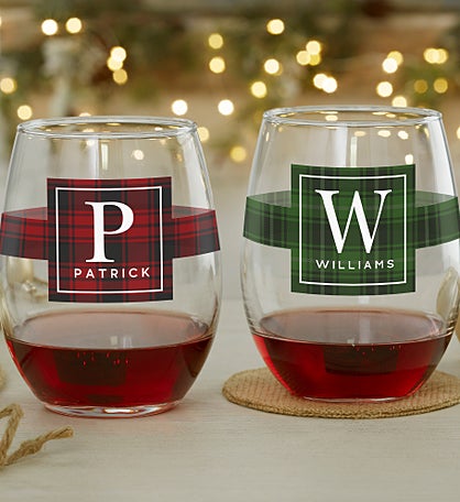 Christmas Plaid Personalized Wine Glass Collection