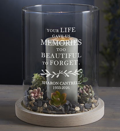 Botanical Personalized Memorial Hurricane with Whitewashed Wood Base