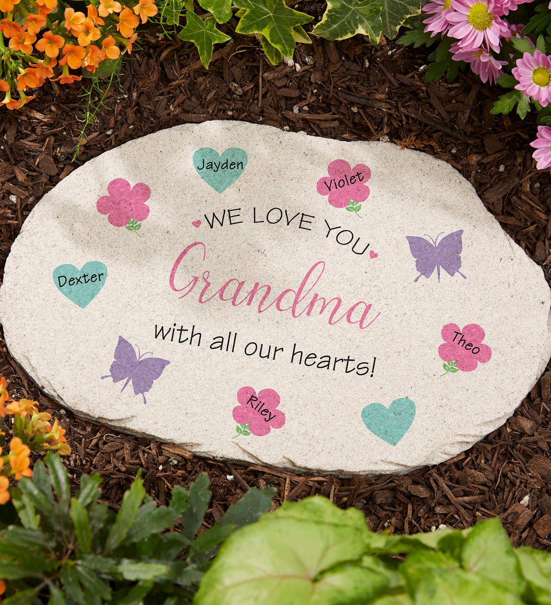 All Our Hearts Personalized Round Garden Stone