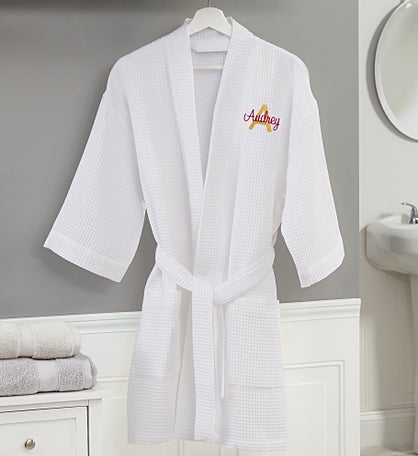 Playful Name Embroidered Waffle Weave Kimono Robe