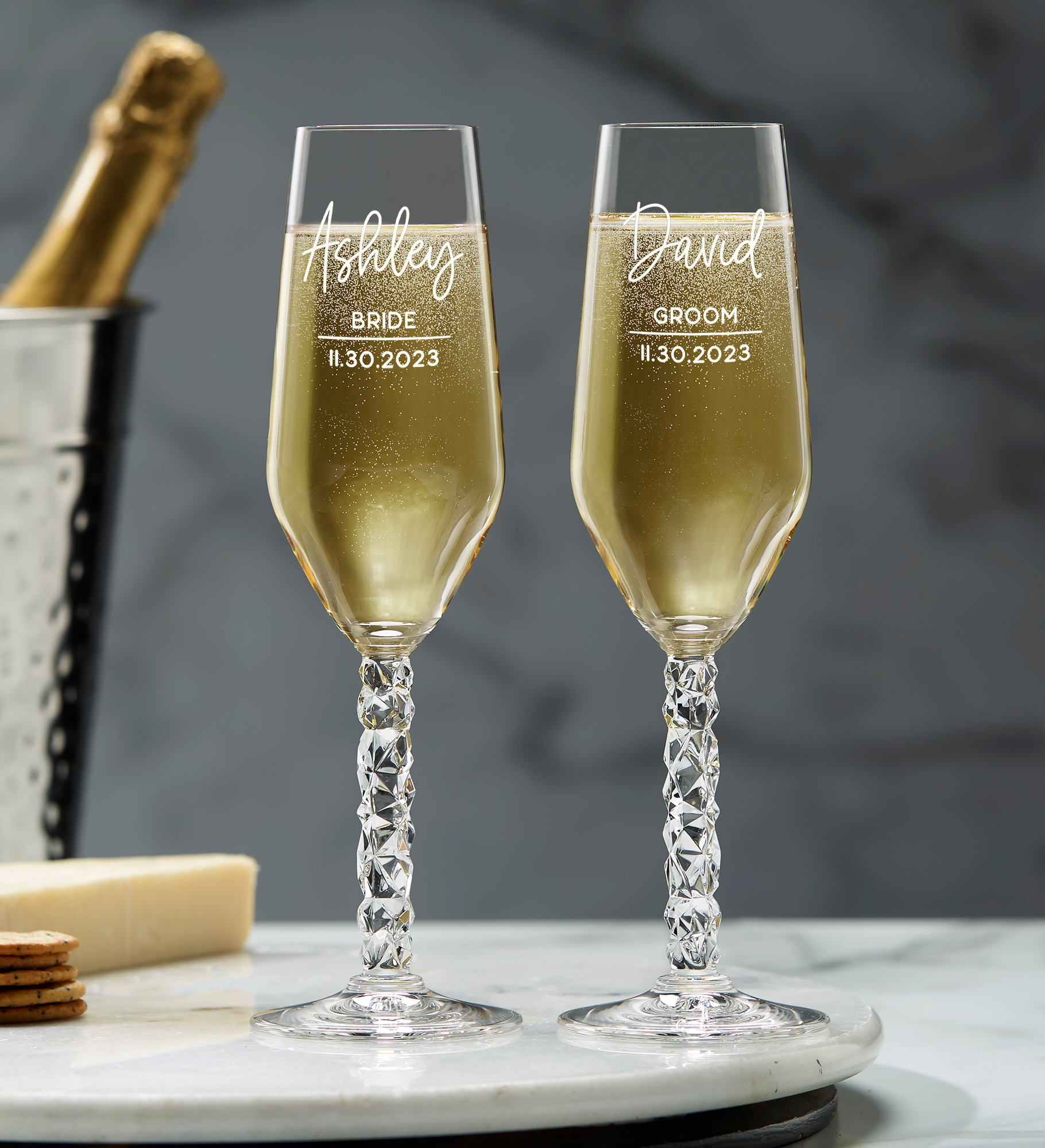 Orrefors Carat Personalized Modern Wedding Champagne Flute Set