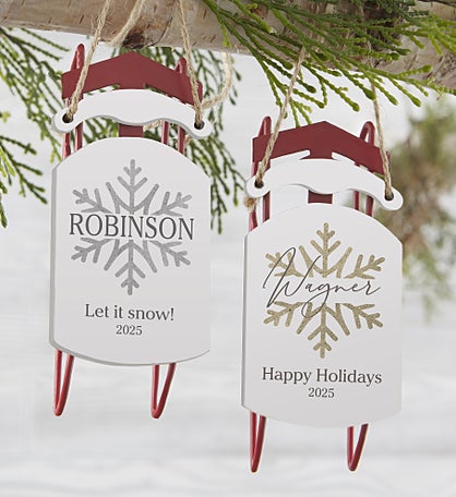 Silver & Gold Snowflake Personalized Vintage Sled Ornament