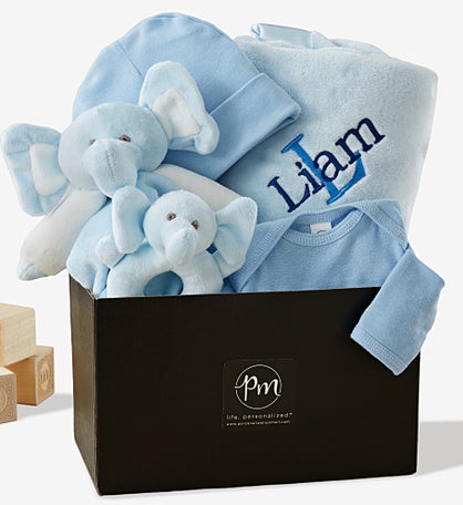 Embroidered Satin Trim Blue Baby Blanket with Clothes Set