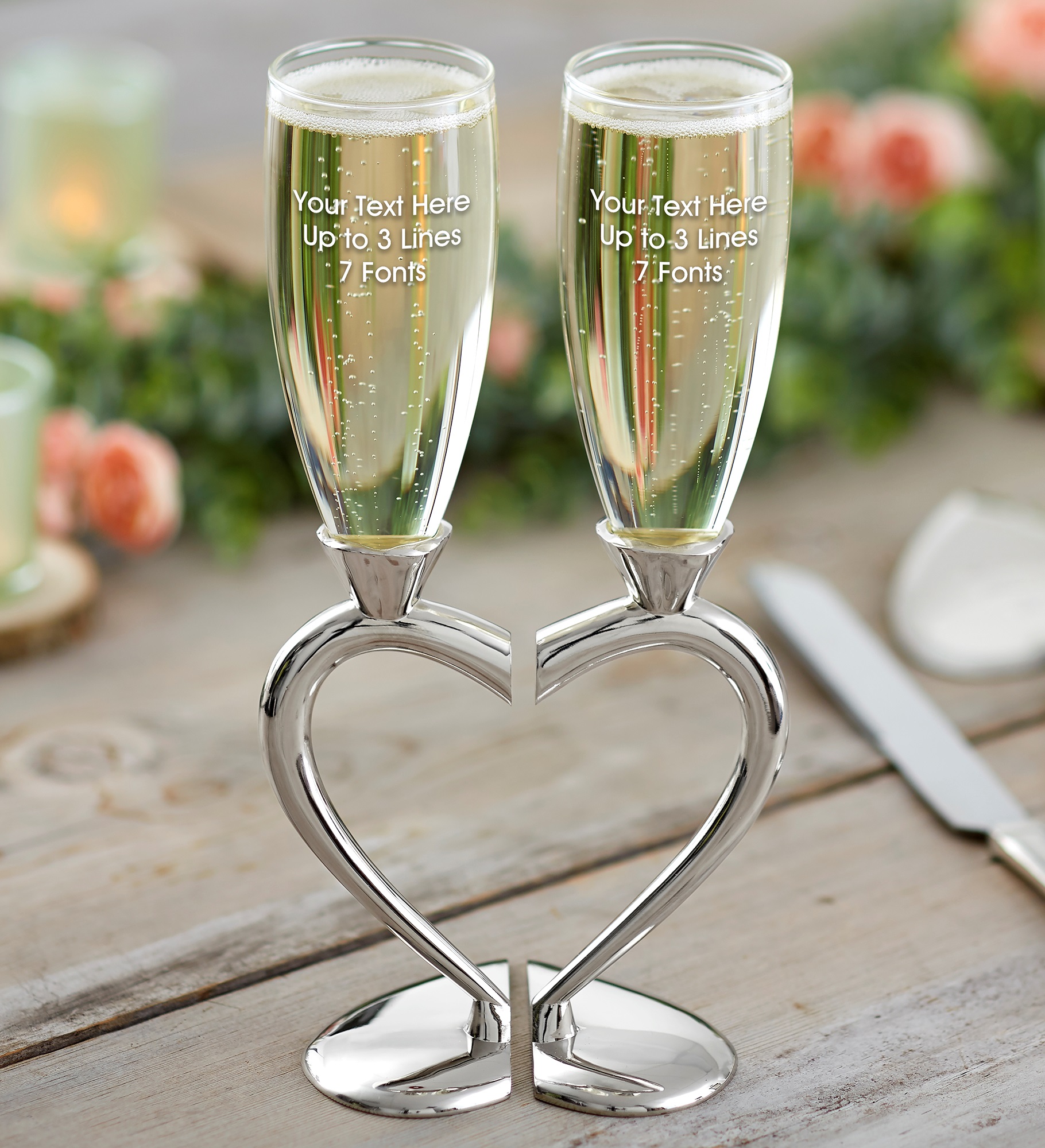 Connected Hearts Engraved Message Wedding Flute Set