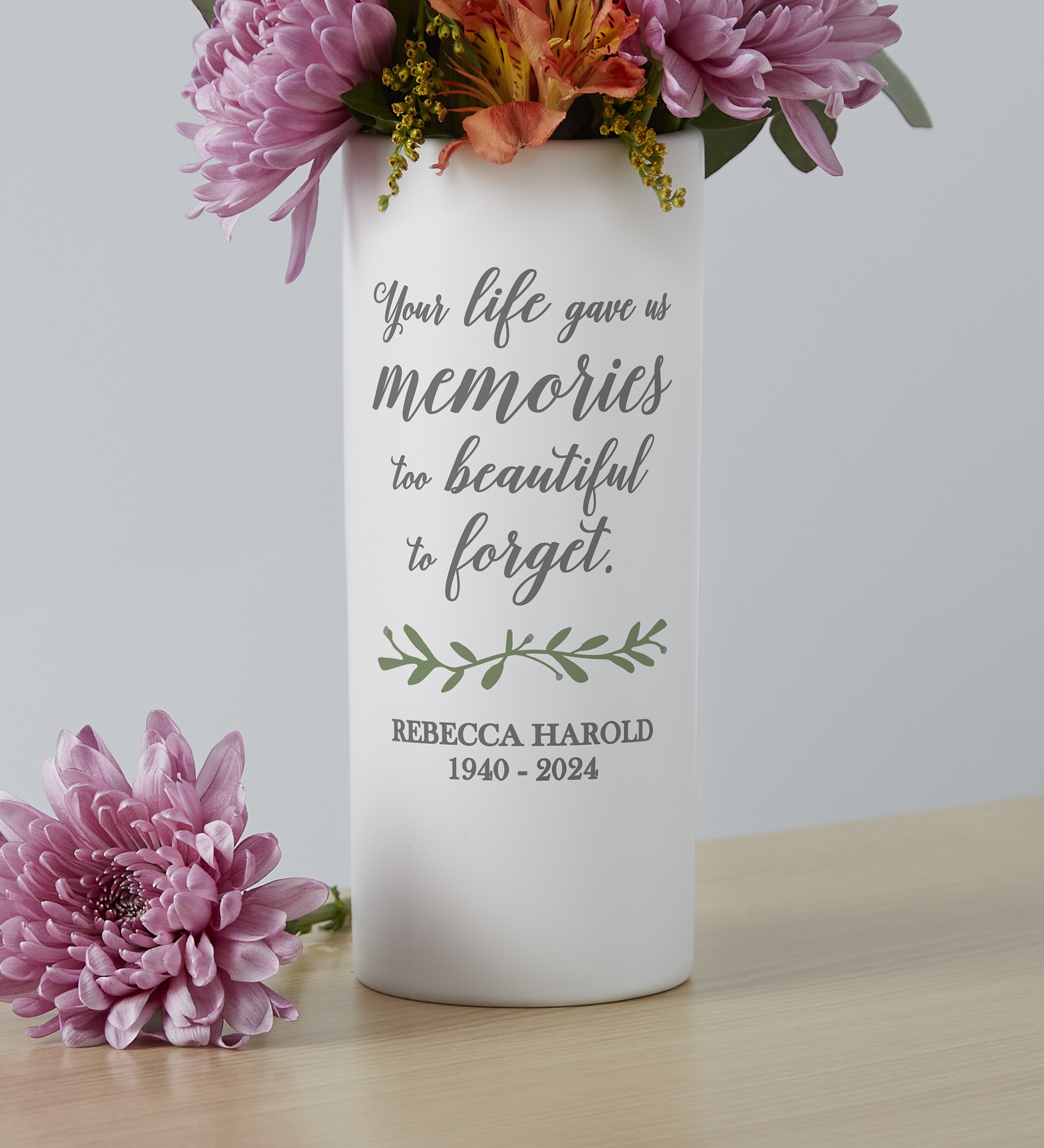 Botanical Memorial Personalized White Flower Vase