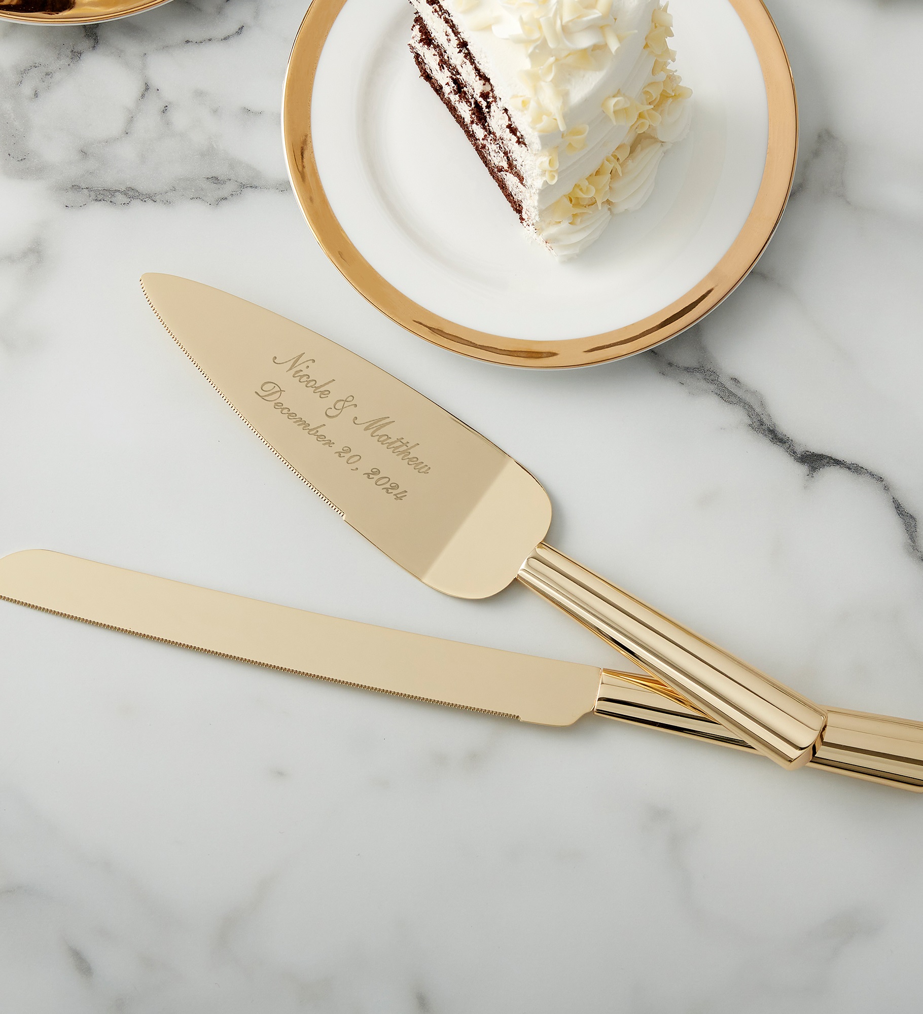 Classic Gold Engraved Cake Knife & Server Set