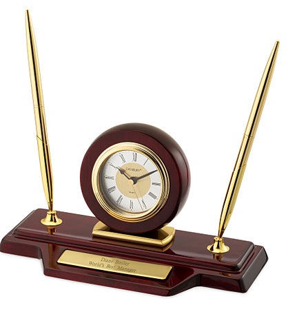 Engraved Mahogany Finish Clock and Pen Stand for the Executive