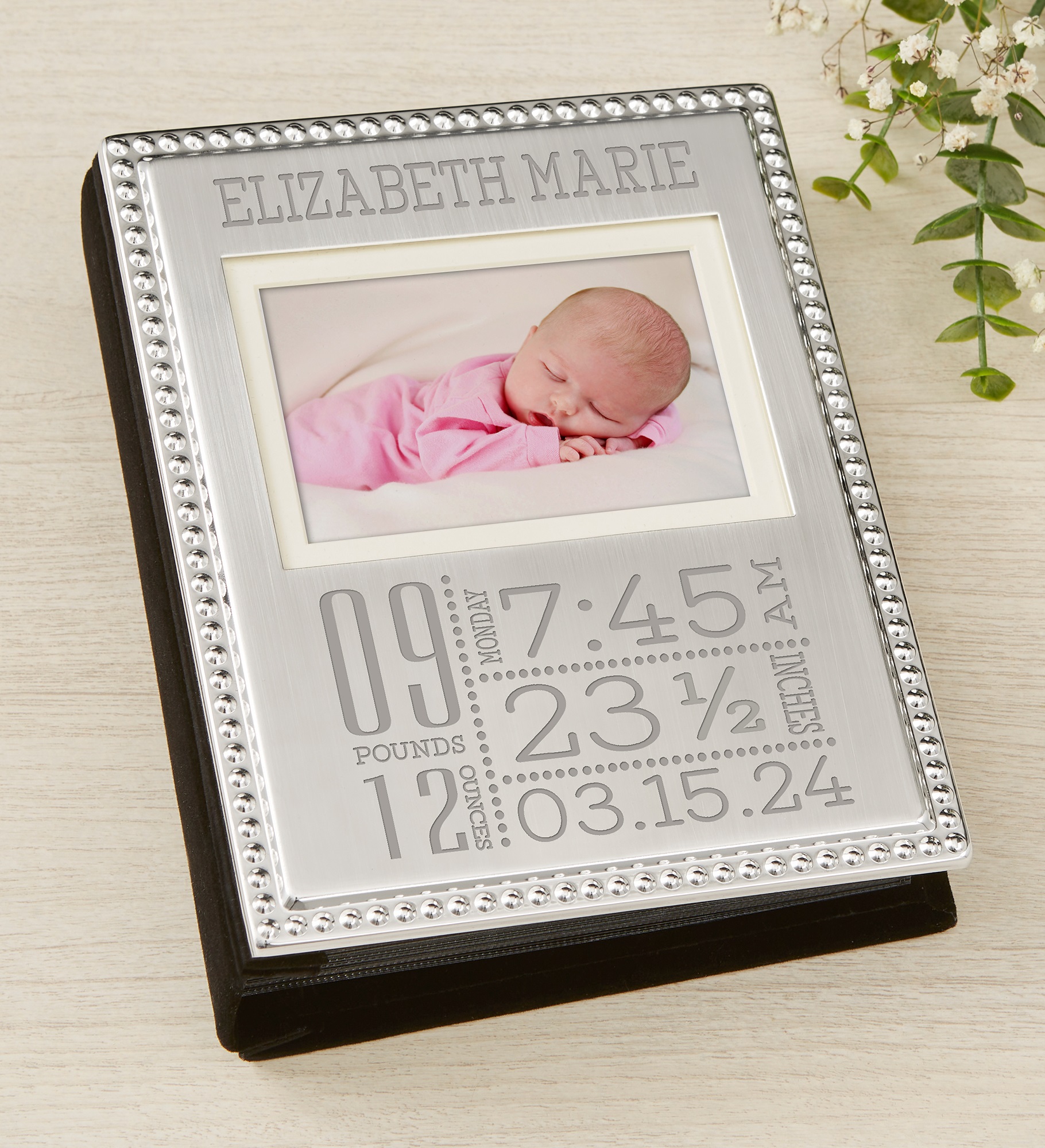Baby Love Birth Information Engraved Silver Beaded Mini Photo Album