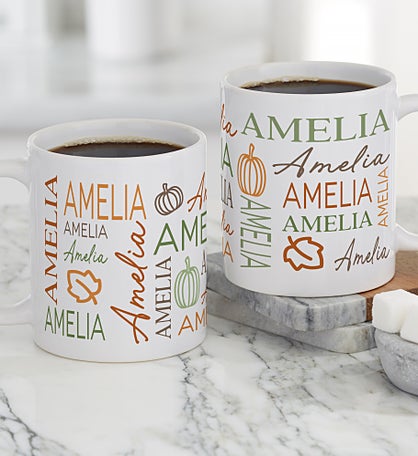 Fall Repeating Name Personalized Coffee Mugs