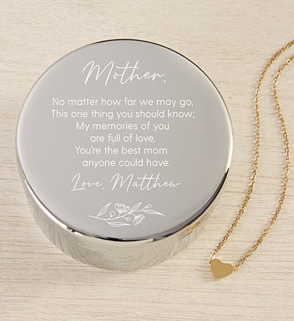 Floral Message To Mom Personalized Round Jewelry Box Gift Set with Heart Necklace