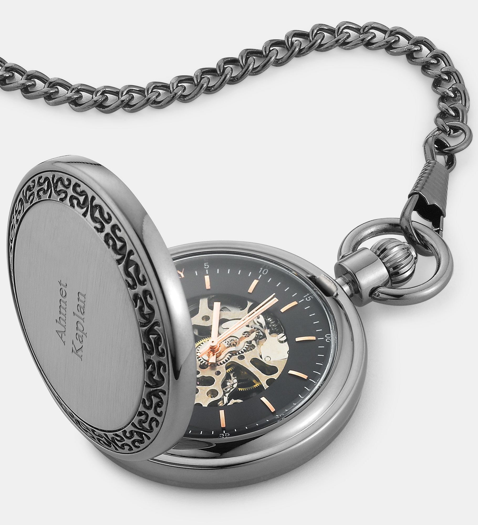  Engraved Gunmetal Skeleton Dial Pocket Watch and Box