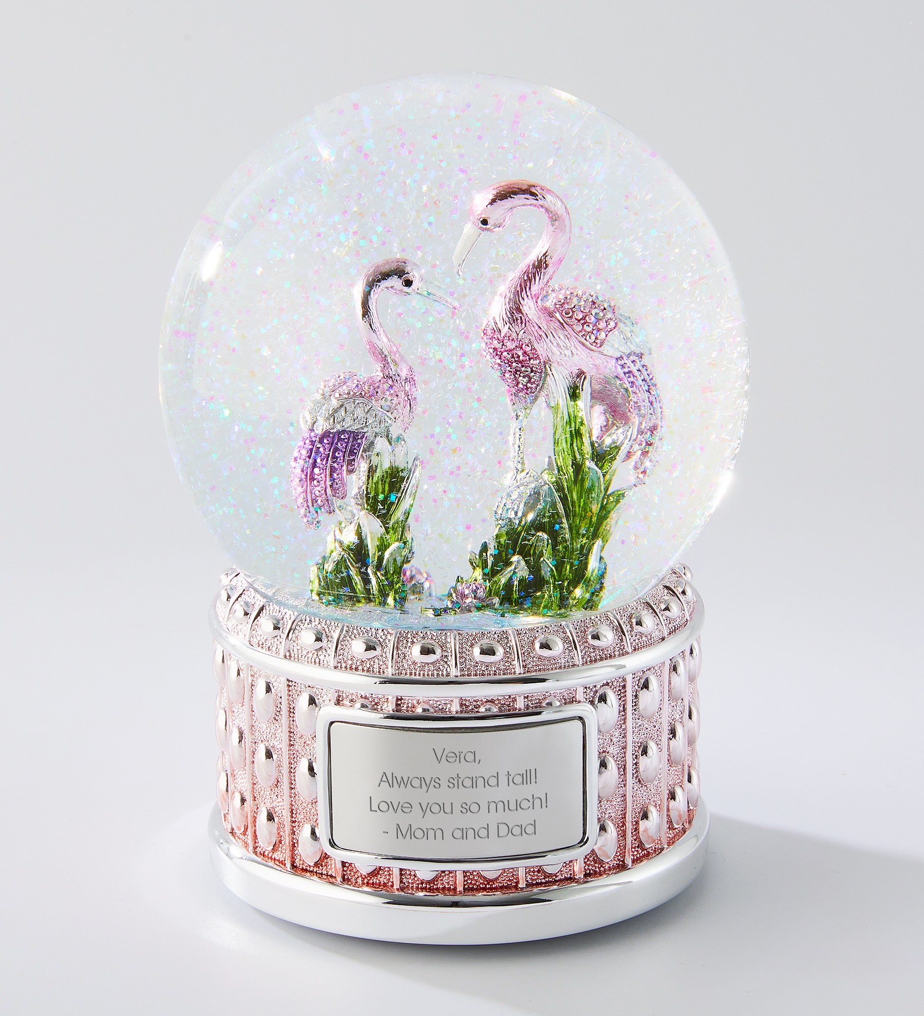 Engraved Jeweled Flamingo Snow Globe