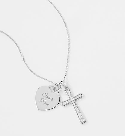 Engraved Sterling Silver Pave Cross and Heart Swing Necklace