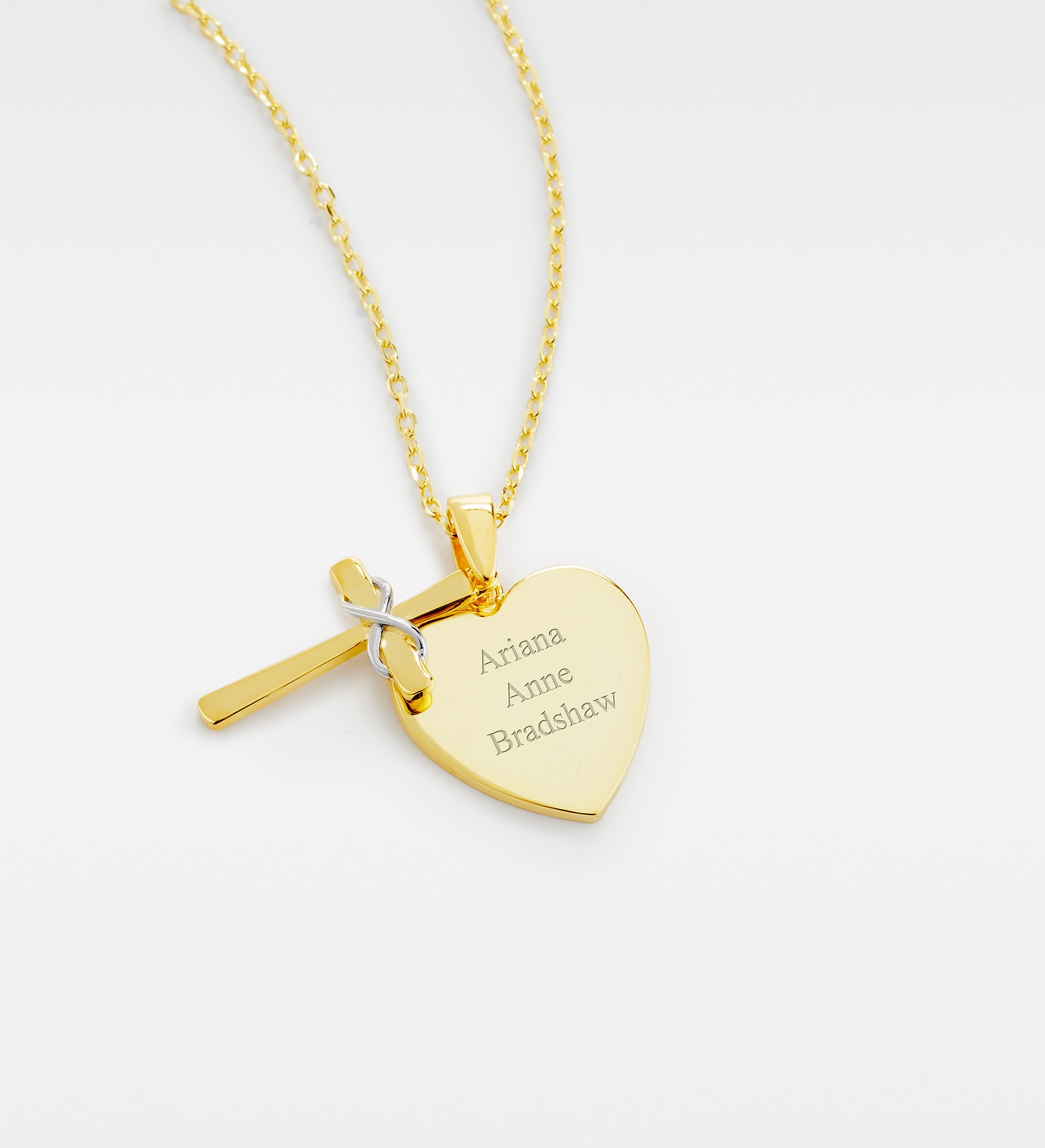 Engraved Gold Over Sterling Silver Cross and Heart Necklace