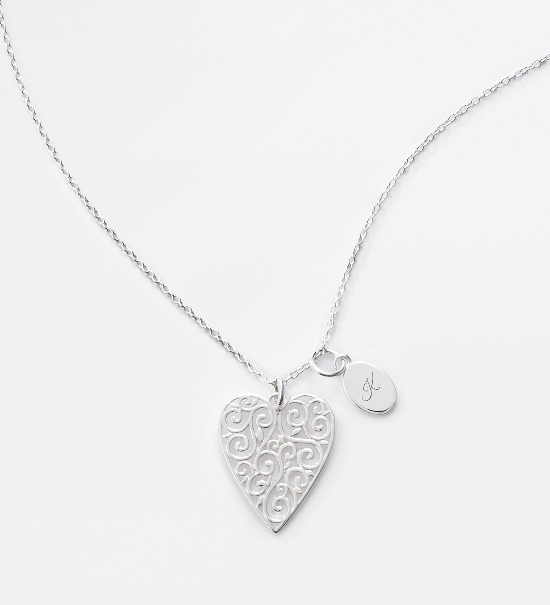  Engraved Sterling Silver Filigree Heart Necklace