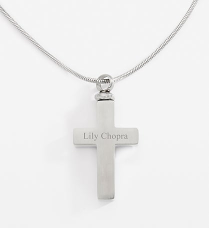 Engraved Steel Cross Urn Necklace