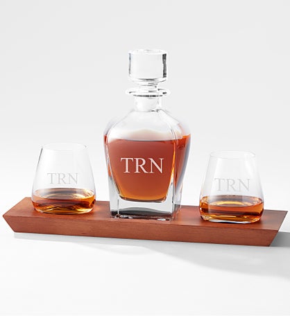 Engraved Hudson Whiskey Decanter & Glass 3pc Set